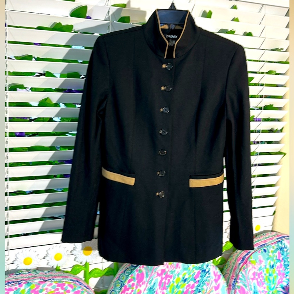 DKNY long wool coat with tan trimmed buttonholes, pockets and collar